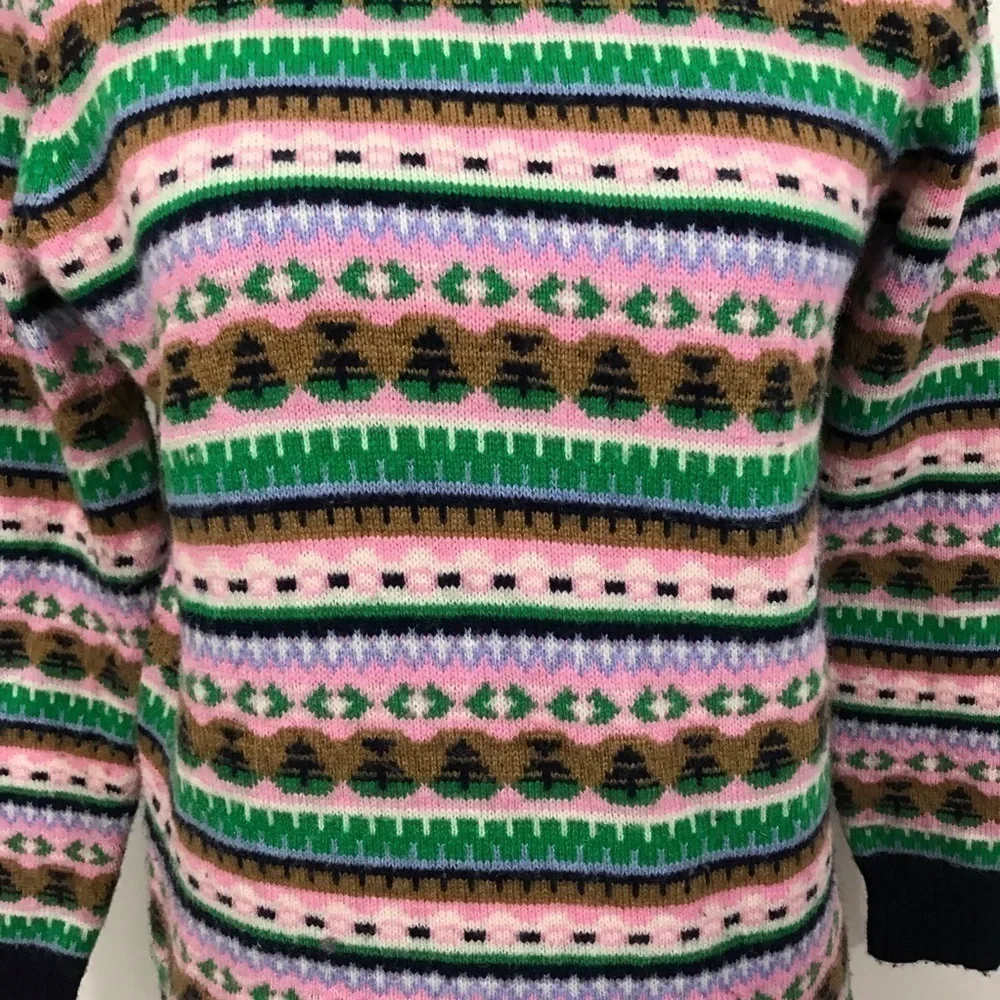 J Crew Mock Neck Fair Isle Green Pink Navy Blue Knit Pullover Sweater Small.